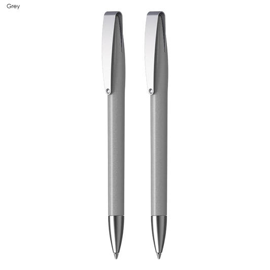 A gift set featuring two grey metallic pens with sleek silver accents and a branding logo.