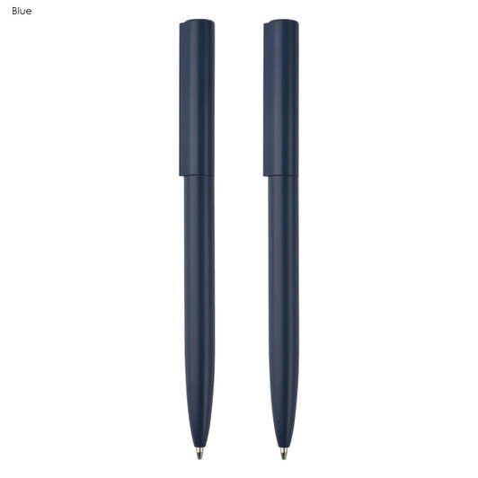 A navy blue metal pen gift set featuring two sleek pens, each with a stylish design and a logo.
