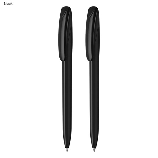 Two black plastic pens displayed side by side, featuring a sleek design and a logo.