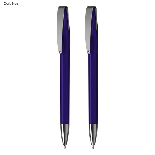 A dark blue pen set with silver accents, presented in a stylish gift box, featuring a logo.