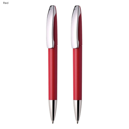 A set of two red plastic pens with chrome accents and a sleek design, featuring a logo.
