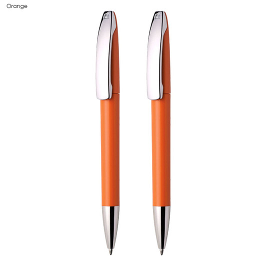 An orange plastic pen set featuring chrome accents, with two pens displayed side by side.