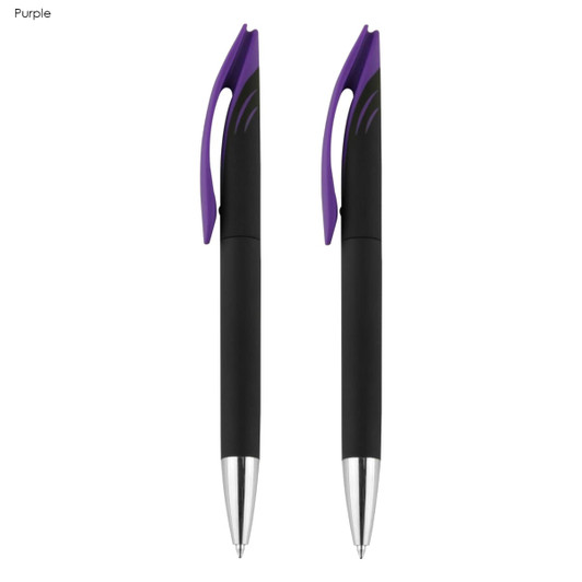 Aster Signature Pen Gift Set featuring two black and purple pens with polished silver tips and a logo.