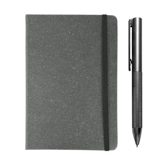 A grey notebook with an elastic band, accompanied by a sleek silver pen. Both are part of the Xander Notebook and Pen Gift Set.