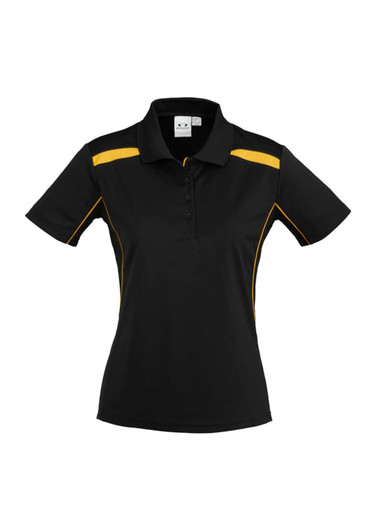 A women's short sleeve polo shirt in black with yellow accents and a logo on the chest.