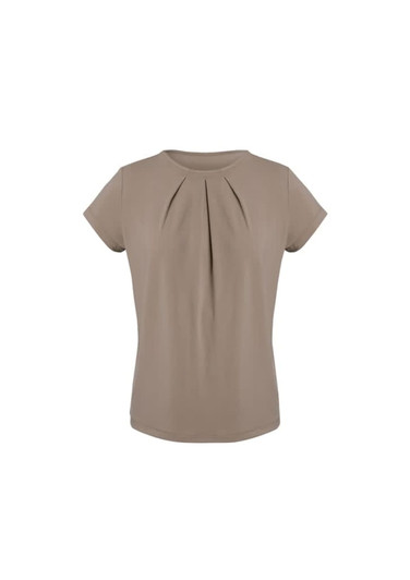 A short-sleeve women's top in a light beige colour with pleated detailing at the front. It features a logo.