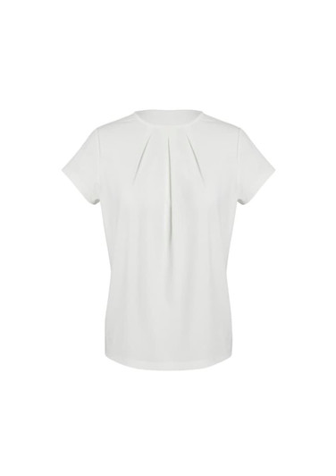 A short sleeve top in a light neutral colour with a pleated design at the front. It features a logo.