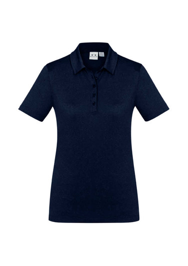A women's short sleeve polo shirt in navy blue featuring a classic collar and buttons, with a logo on the chest.