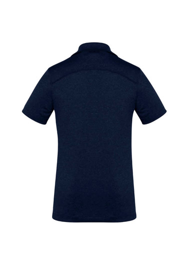 A navy short sleeve polo shirt with a classic collar and a logo on the back.