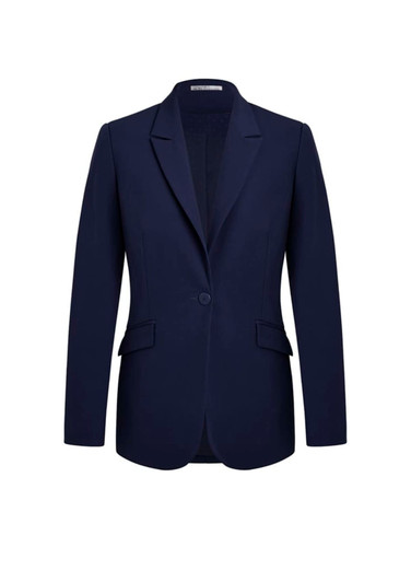 A navy longline blazer jacket with a single button closure and two front pockets. It features a lapel collar and a tailored fit.