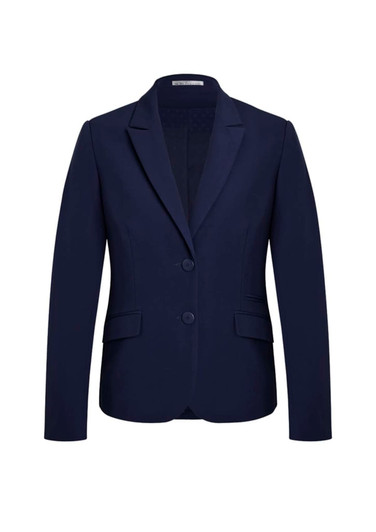 A navy mid-length women's jacket with a notched lapel and two-button closure, featuring two side pockets and a branding logo.
