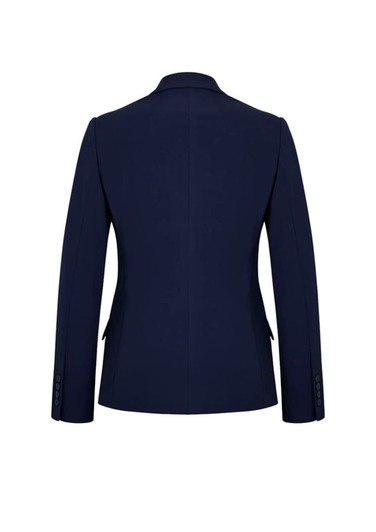 A navy mid-length women's jacket with a fitted design and long sleeves, featuring buttons on the cuffs.