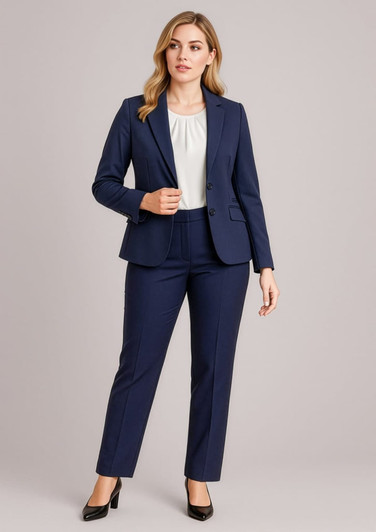 A navy mid-length jacket paired with matching tailored trousers, featuring a white blouse and black heels.