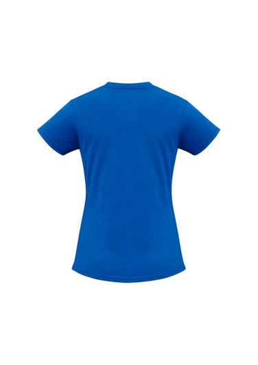 A women's short sleeve tee in vibrant blue, displaying a simple design with a logo.