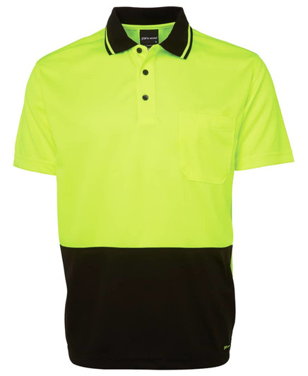 A high-visibility polo shirt in bright yellow with a black lower section and a pocket. It features a collar and a logo.