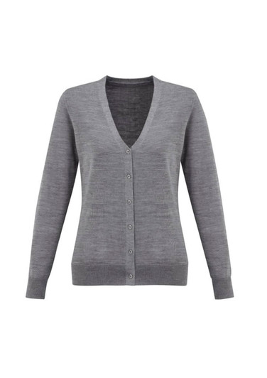 A women's grey knit cardigan with a V-neck and button front, featuring long sleeves and a fitted design.