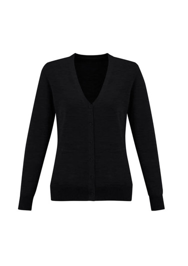 A black women's knitted cardigan featuring a V-neck and button front closure. The sleeves are long and fitted.