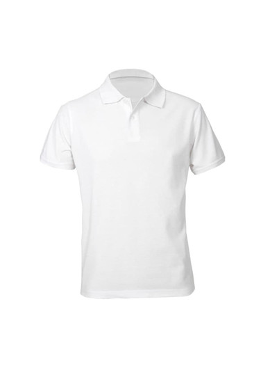 A white men's short sleeve polo shirt with a collar and a branding logo.