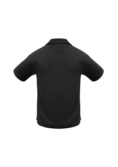 A black men's micro waffle short sleeve polo shirt with a collar and a logo on the side.