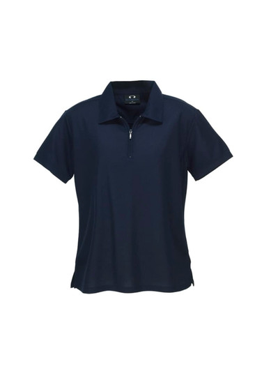 A navy women's micro waffle short sleeve polo shirt with a zippered collar and a brand logo.