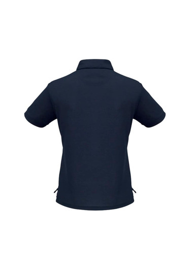 A navy blue women's micro waffle short sleeve polo shirt featuring a back view with a logo.