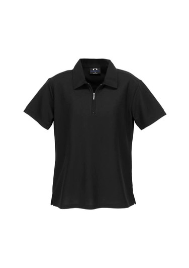A black women's micro waffle short sleeve polo shirt with a zippered collar and a logo.