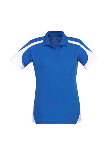 A blue women's short sleeve polo shirt with white accents and a logo.