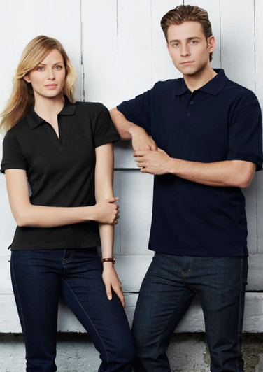A black short sleeve polo shirt worn by a woman and a navy short sleeve polo shirt worn by a man, both with logos.