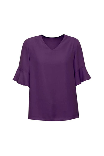 A purple women's blouse with fluted sleeves and a V-neckline. The design is simple and elegant.