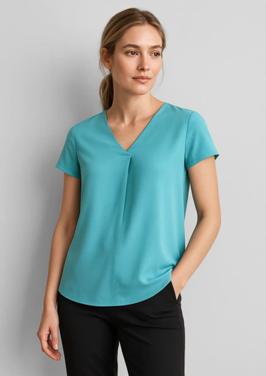 A teal women's blouse with a V-neck and pleat detail, featuring short sleeves and a relaxed fit.