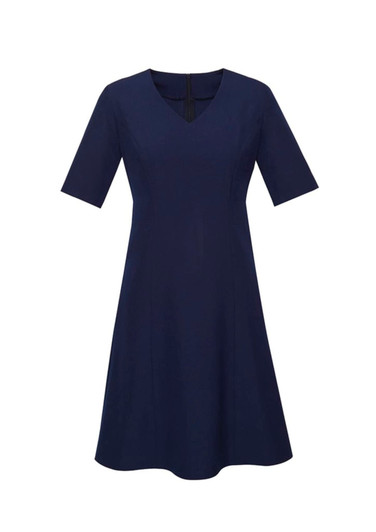 A navy blue extended short sleeve dress with a v-neck and flared skirt. It features a back zip and has a logo.
