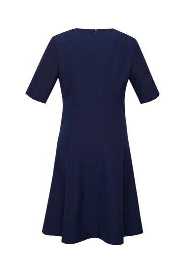 A navy blue women's dress with an extended short sleeve and a flared skirt, featuring a back zipper and a logo.