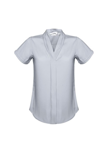 A light grey women's short sleeve button-up shirt with a stylish collar and subtle branding.
