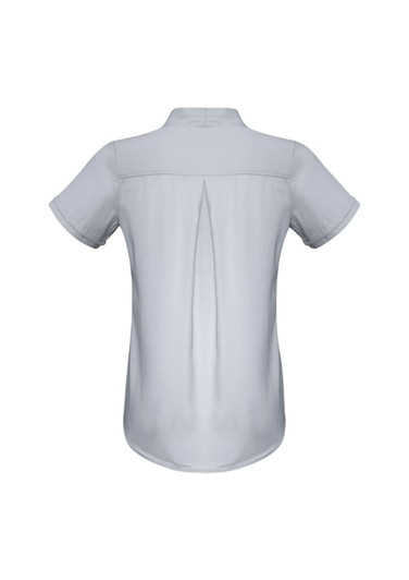 A women's button-up shirt in light grey with short sleeves and a pleat detail at the back. It features a logo.