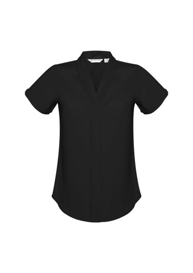 A black women's short sleeve button-up shirt with a v-neck and rolled sleeves, featuring a logo.