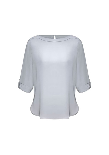 A light grey boatneck top with three-quarter sleeves and roll-up detail. The top has a subtle sheen and a back keyhole closure.