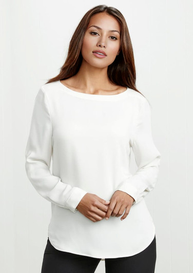 A women's white Madison boatneck top with long sleeves, featuring a smooth fabric and a subtle logo.