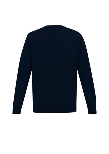 A navy blue mens knit pullover with long sleeves and a crew neck design. Features a logo on the back.