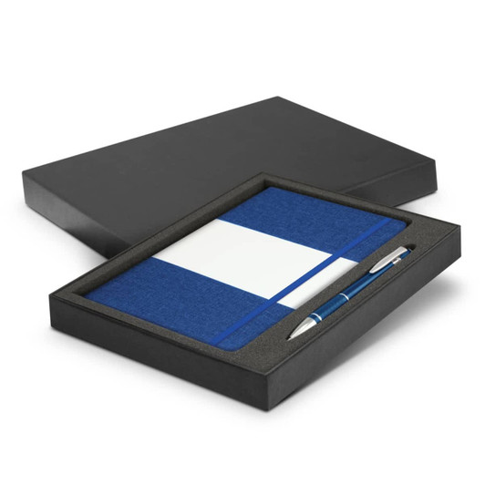 A blue notebook and pen gift set presented in a black box with a textured interior.