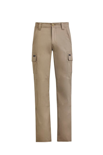 Men's lightweight drill cargo pants in a khaki colour, featuring multiple cargo pockets and a branded logo.
