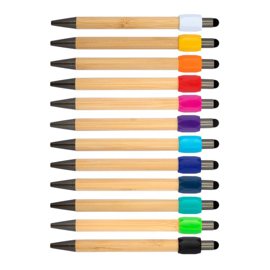 A collection of bamboo pens in various colours with black tips, arranged neatly in two rows. Each pen features a different colour accent.