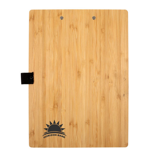 A bamboo A4 clipboard with a black clip and a logo on the bottom. The surface has a natural wood grain finish.