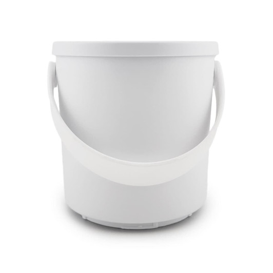 A white plastic bucket with a handle, designed for various storage and transport purposes.