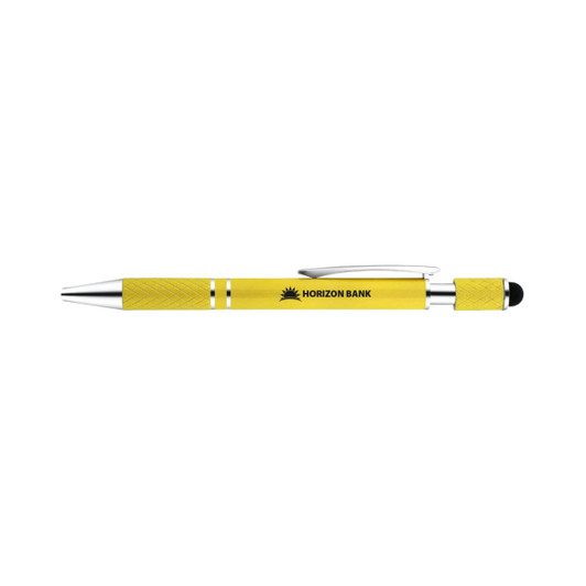 A yellow pen with a textured grip, silver accents, and a logo on the barrel.
