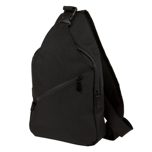A black Sling RPET travel bag with a single strap and multiple zippered compartments. Features a logo on the exterior.