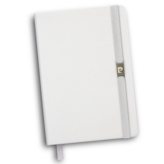 A white notebook with an elastic band and a decorative closure. Features a logo on the cover.