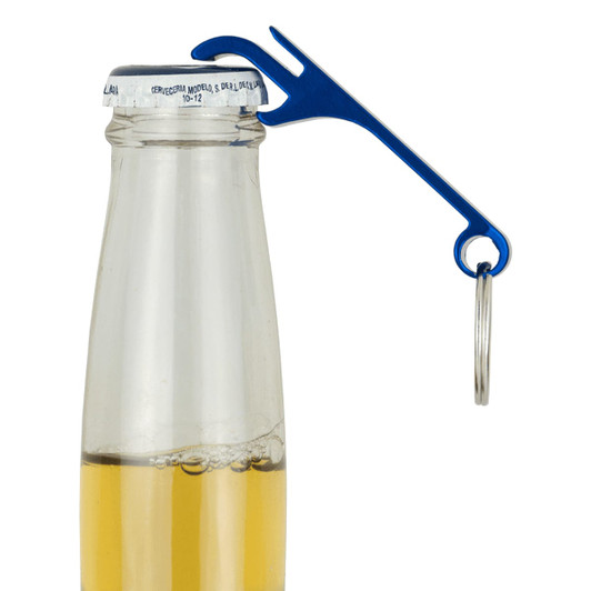 A drink bottle with a blue aluminium bottle and can opener attached. The opener has a keyring for easy carrying.