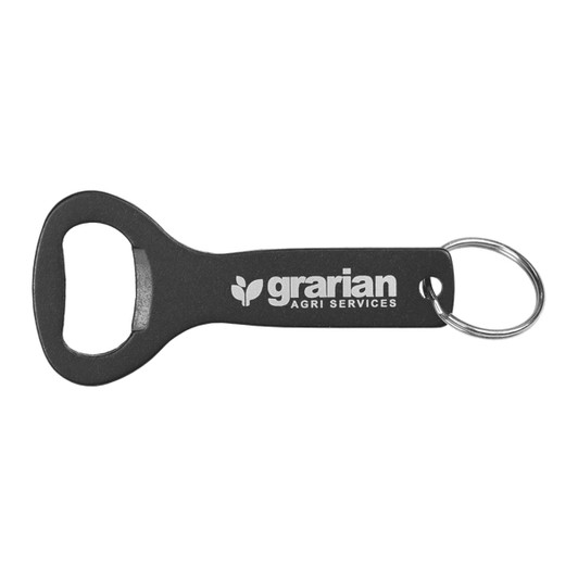 A drink bottle opener key ring in black with a metallic opener, featuring a logo on the handle.