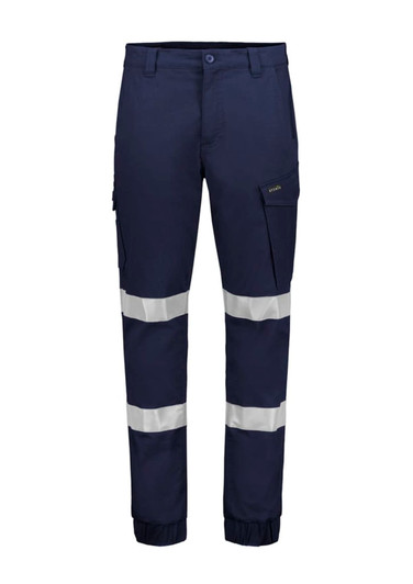 Navy cargo pants featuring cuffed hems and reflective stripes, with a side pocket and a logo on the waistband.