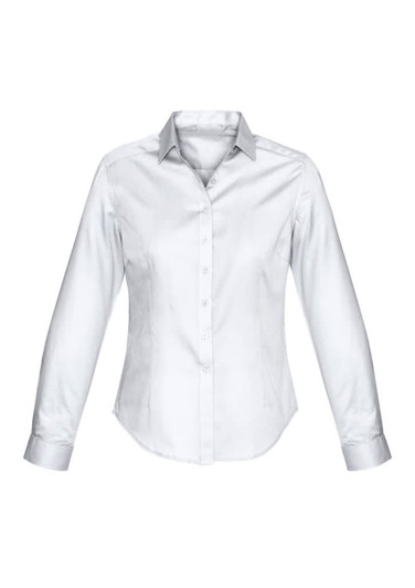 A long sleeve ladies shirt in white with a grey collar, featuring a logo on the chest.
